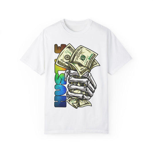 Hustle Hard Unisex Garment-Dyed T-Shirt - Skull & Money Graphic Tee